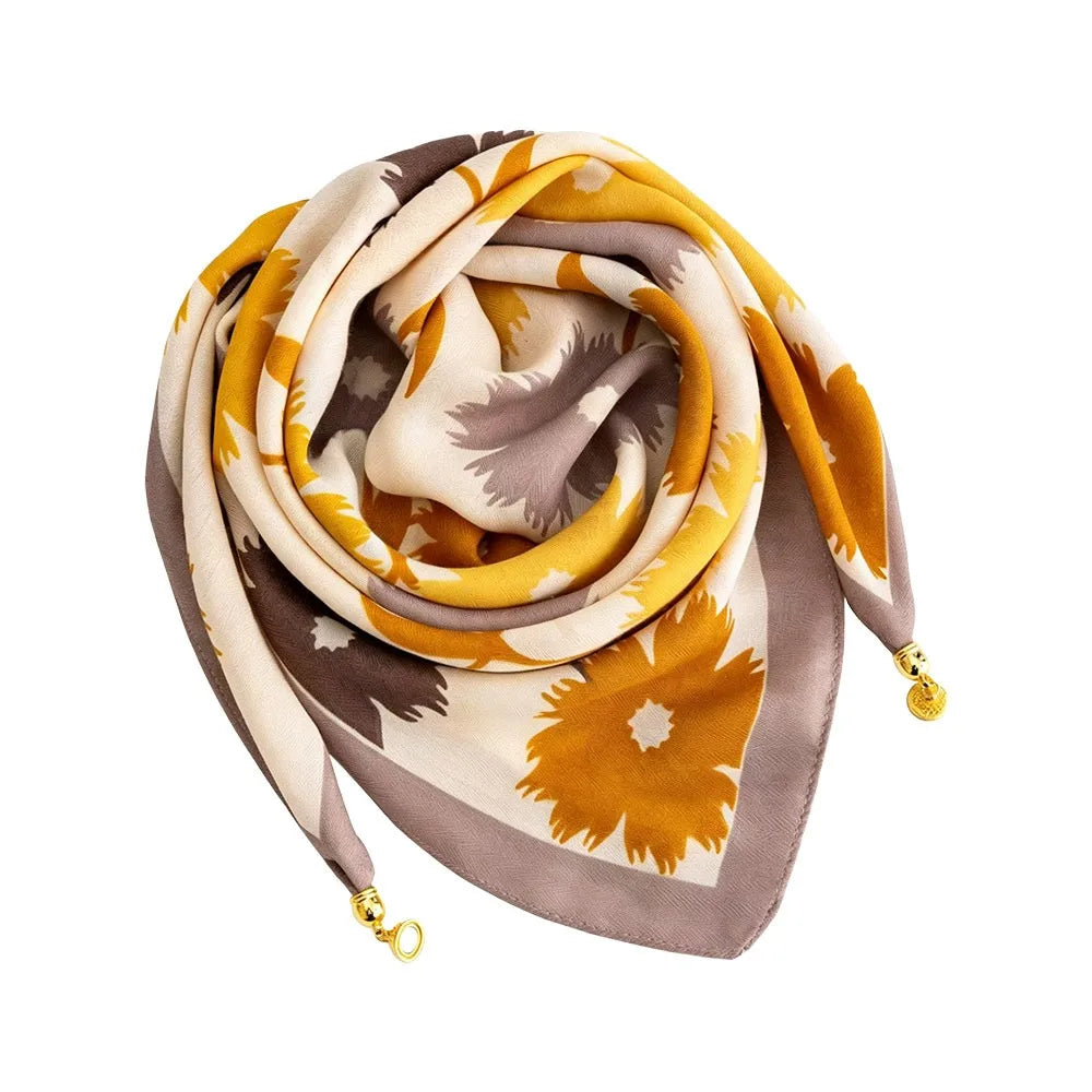 Magnetic Buckle Floral Square Silk Scarf with Tassel | Nixie Fashion Scarf Nixie Fallen Leaf Yellow