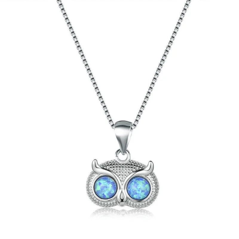 Women's Silver Blue Simulated Opal Owl Pendant Necklace Pendant Necklace Nixie Blue