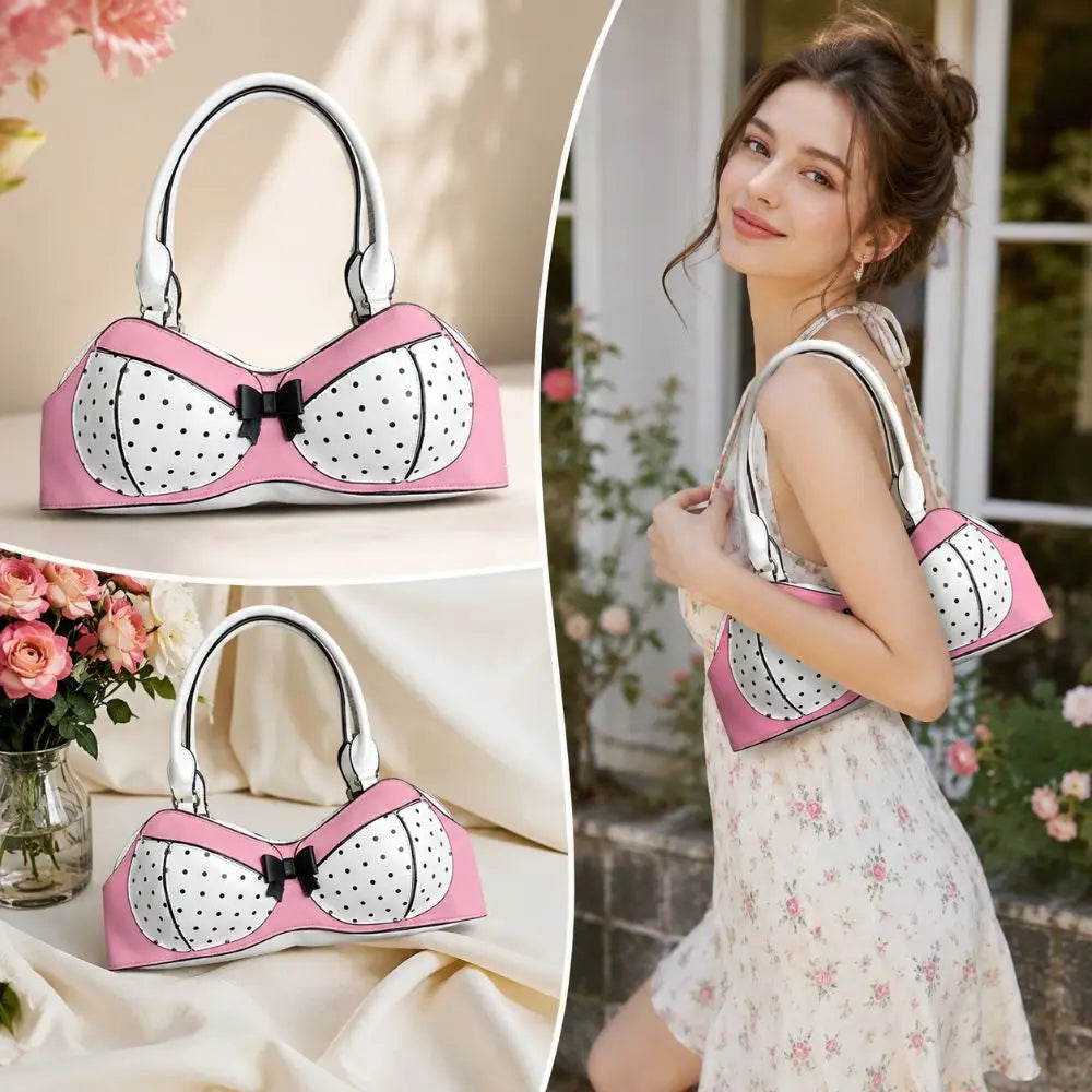 Y2K Polka Dot Bra Shoulder Bag | PU Leather Bow Novelty Handbag