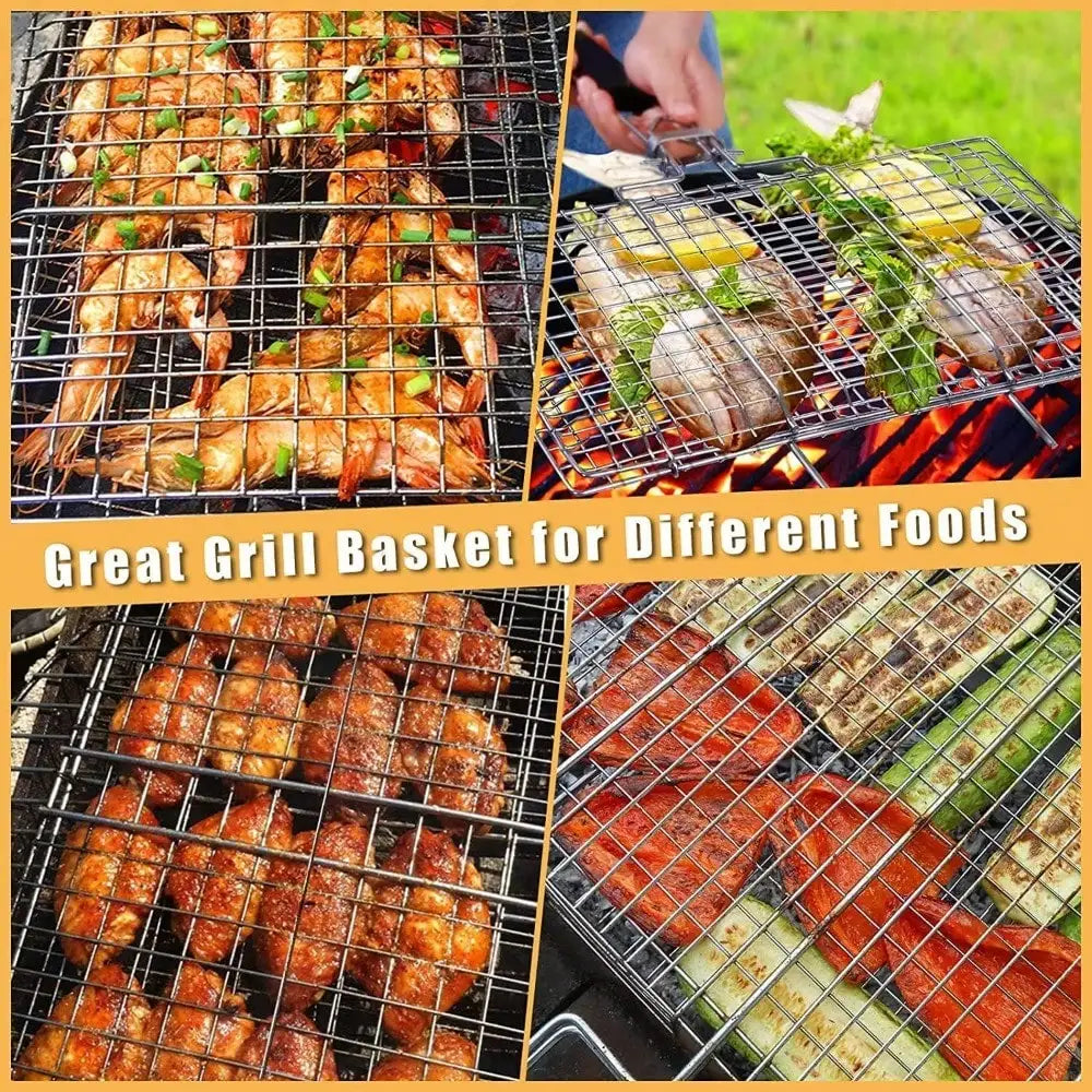 Folding Stainless Steel Fish Grill Basket with Removable Handle BBQ Grilling Basket Nixie