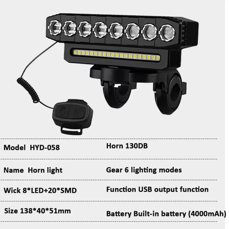 LED Bike Headlight 130dB Bell & Power Bank – 6 Light Modes Bicycle Headlight Nixie 8LED LIGHT