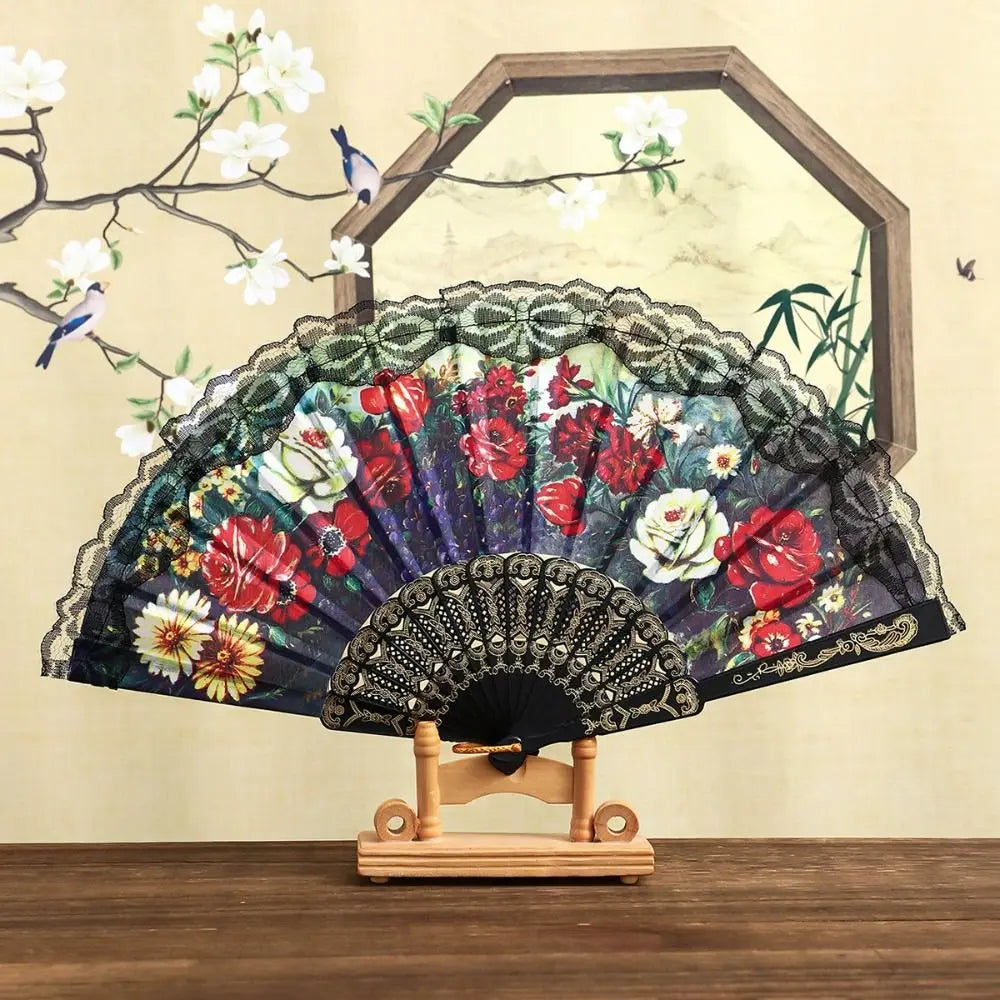 Spanish Folding Fan Black Floral Lace Trim Dance Prop Gift