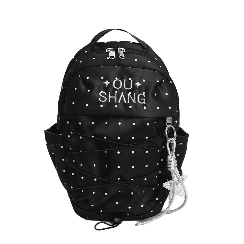 Korean Polka Dot Backpack – Cute Casual Nylon School Bag Casual Backpack Nixie Black (No Charm)