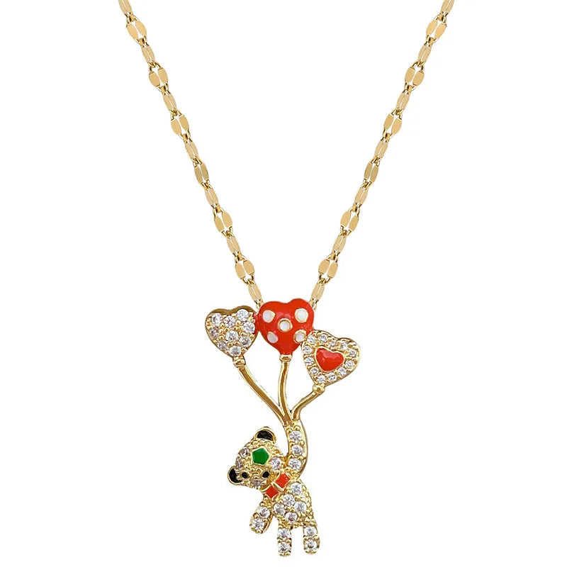 Balloon Bear Pendant Necklace – Gold Stainless Steel & Zircon Pendant Necklace Nixie