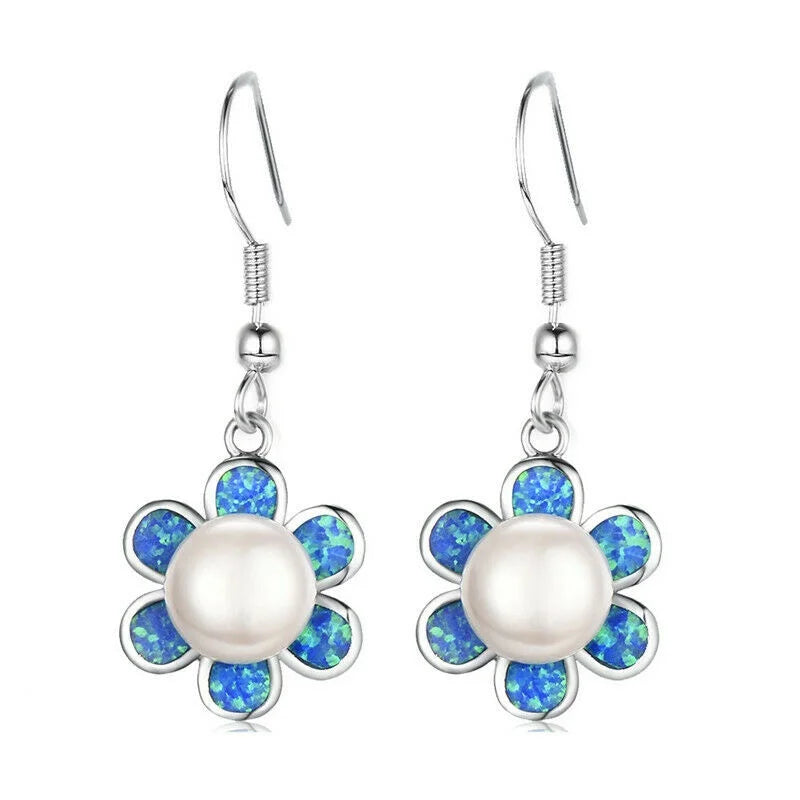 Pearl Dangle Blue Simulated Opal Rhinestone Stud Earrings