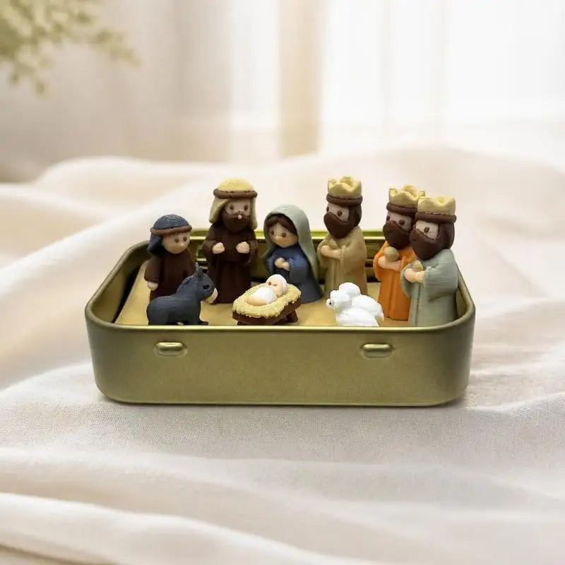 Mini Nativity Scene Set 3D Printed Figurines with Tin Case