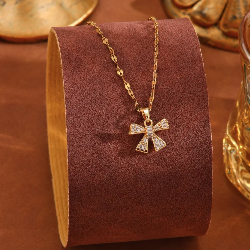Zircon Bowknot Pendant Necklace | Gold Stainless Steel Chain Pendant Necklace Nixie