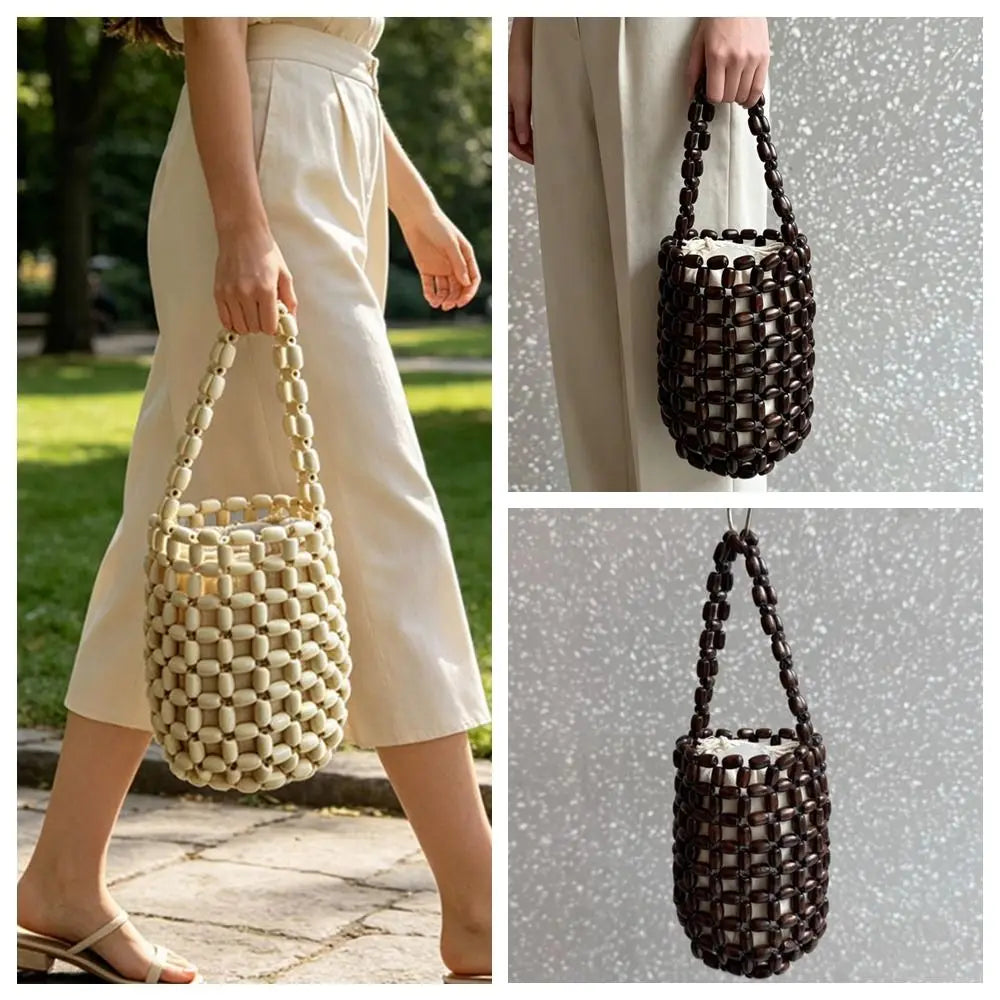 Handmade Wooden Bead Bucket Bag – Hollow Woven Mini Wrist Bag Woven Bucket Bag Nixie