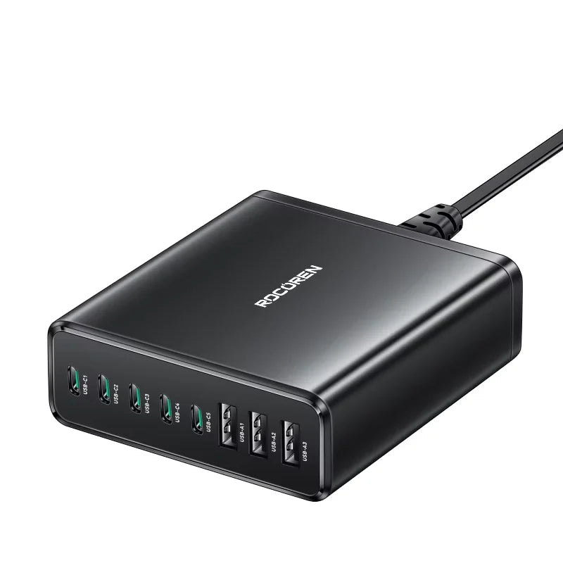 Rocoren 185W 8-in-1 USB-C Multi-Port Desktop Fast Charger Desktop USB Charger Nixie EU Plug Black