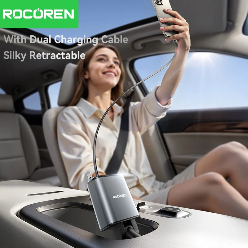 Rocoren 4-in-1 PD 30W Car Charger – Digital Display & Retractable