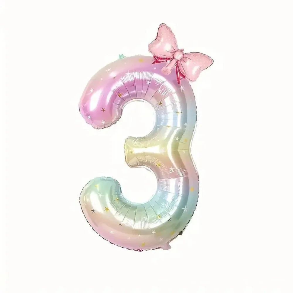 40" Colorful Gradient Number Foil Balloon with Bow – 0–9 Party Balloon Nixie 3 10inch