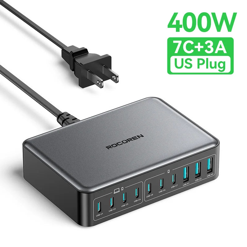 Rocoren 400W GaN Charger 10-Port USB-C Desktop Power Station GaN Desktop Charger Nixie US Plug