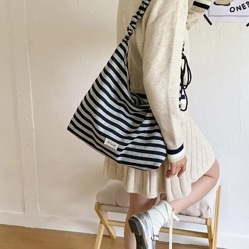 Japanese Retro Polka Dot Tote Bag – Large Shoulder Handbag Tote Shoulder Bag Nixie stripe