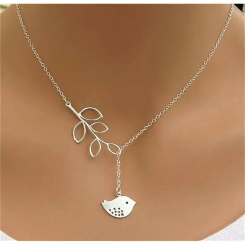 Branch Cross Pendant Necklace – Zinc Alloy Leaf & Bird Design Pendant Necklace Nixie