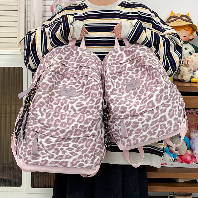 Leopard Print Canvas Backpack – Large Travel Bag for Women