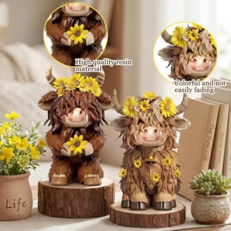 Resin Highland Cow Figurine Set – Sunflower Farmhouse Decor Resin Figurine Nixie