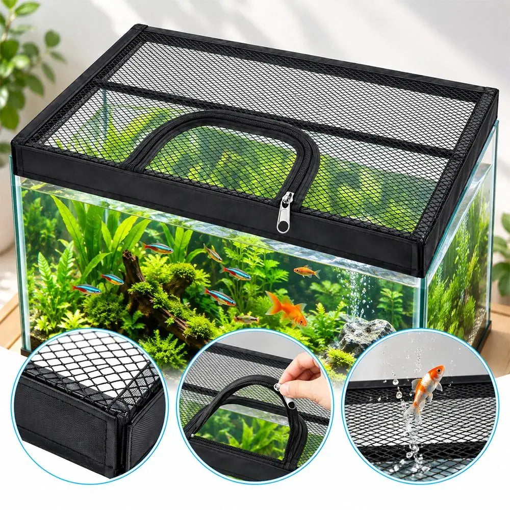 Black Aquarium Mesh Cover – Zippered Anti-Jump Fish Tank Lid