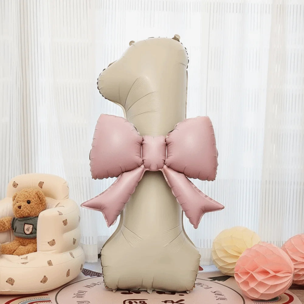 40" Cream White Number Foil Balloon with Pink Bow | Party Decor