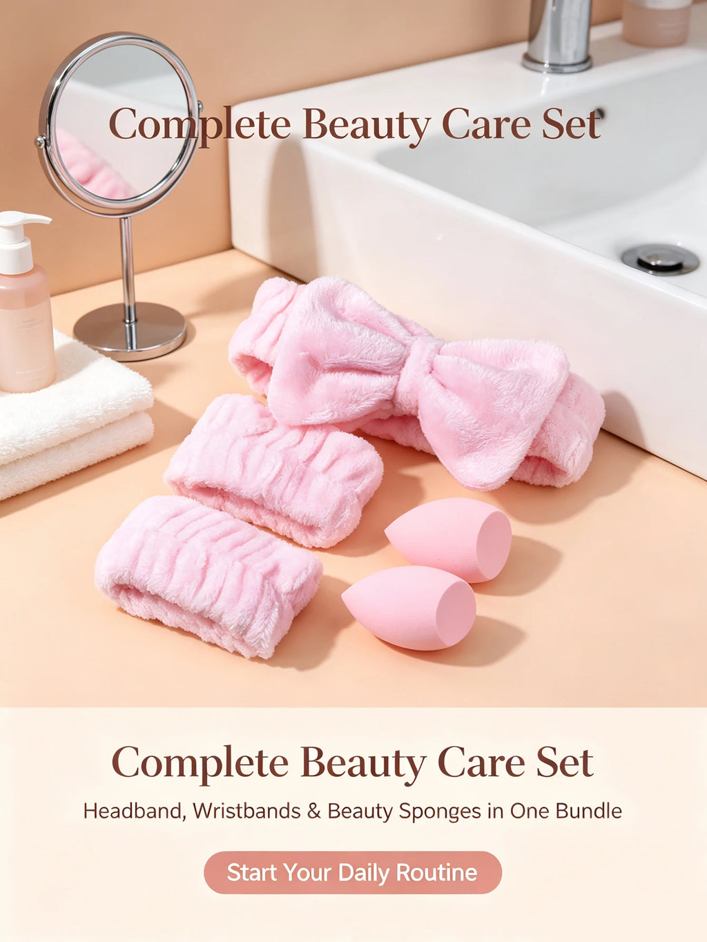 5-Piece Beauty Kit – Bow Headband, Wrist Bands & Sponges Makeup Tool Set Nixie