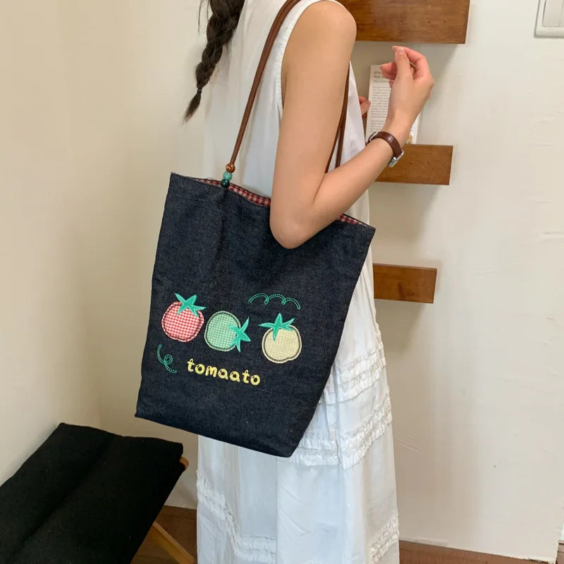 Korean Embroidered Floral Denim Tote Bag – Large Shoulder Bag Denim Tote Bag Nixie