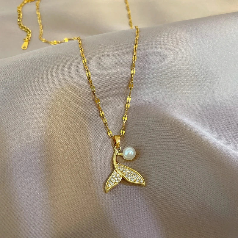 Mermaid Tail Pendant Necklace | Gold Stainless Steel Clavicle Chain Pendant Necklace Nixie