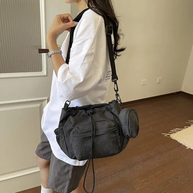Unisex Plaid Nylon Crossbody Bag – Lightweight Travel Satchel Crossbody Shoulder Bag Nixie Black