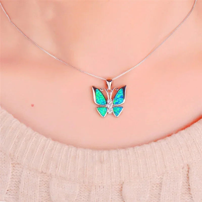 Fire Opal Butterfly Pendant Necklace – Blue & White Fashion Pendant Necklace Nixie