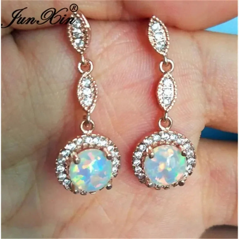 Simulated Opal Long Drop Earrings – White Round Classic Style Drop Earrings Nixie