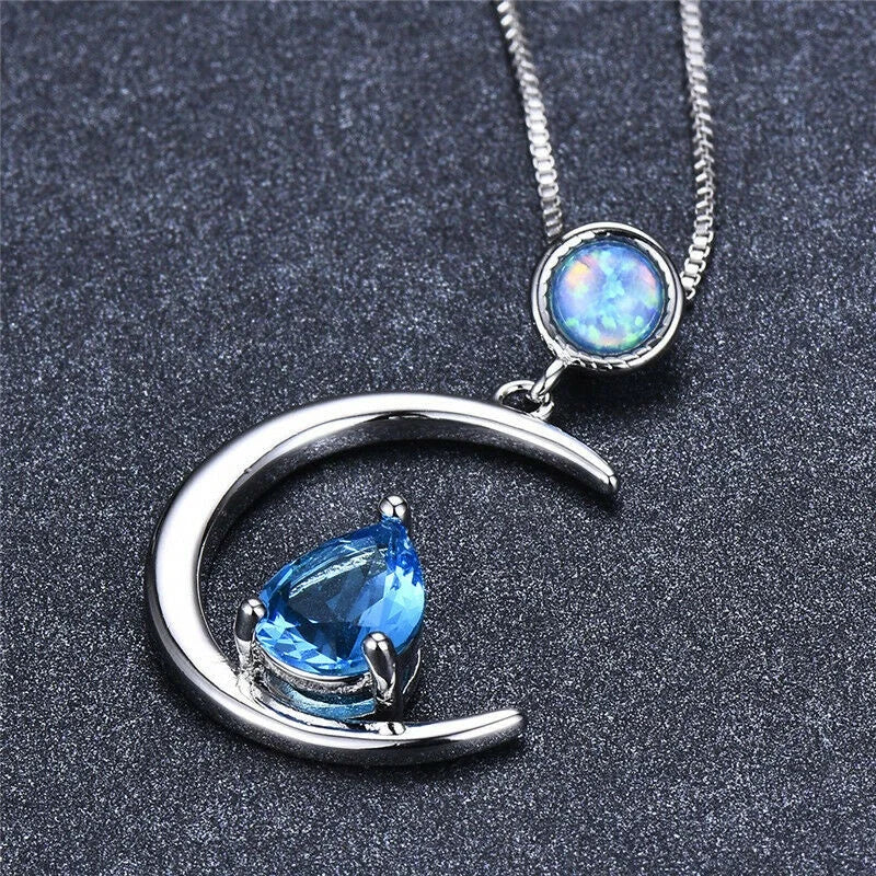 Aquamarine Blue Glass & Simulated Opal Pendant Necklace Pendant Necklace Nixie