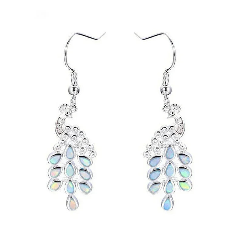 Peacock Silver Simulated Opal Women Long Drop Earrings