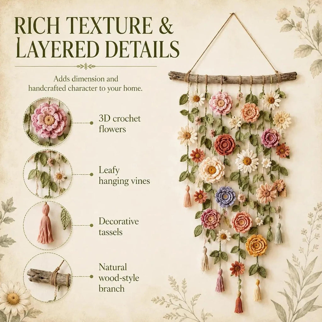 Boho Floral Crochet Macrame Wall Hanging – 32in Handmade Art Macrame Wall Hanging Nixie