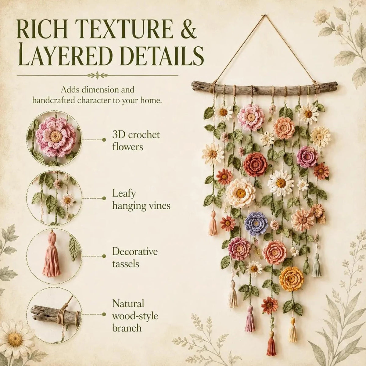 Boho Floral Crochet Macrame Wall Hanging – 32in Handmade Art Macrame Wall Hanging Nixie