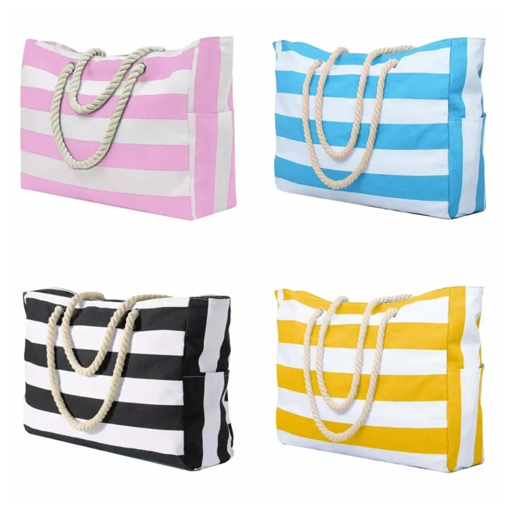 Large Striped Beach Tote Bag | Sandproof, Zipper & Rope Handles Beach Tote Bag Nixie