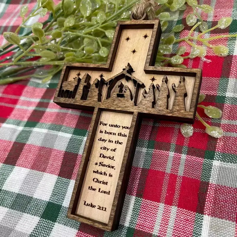 3D Nativity Wooden Cross Ornament – Handmade Christmas Decor Christmas Tree Ornament Nixie Default Title