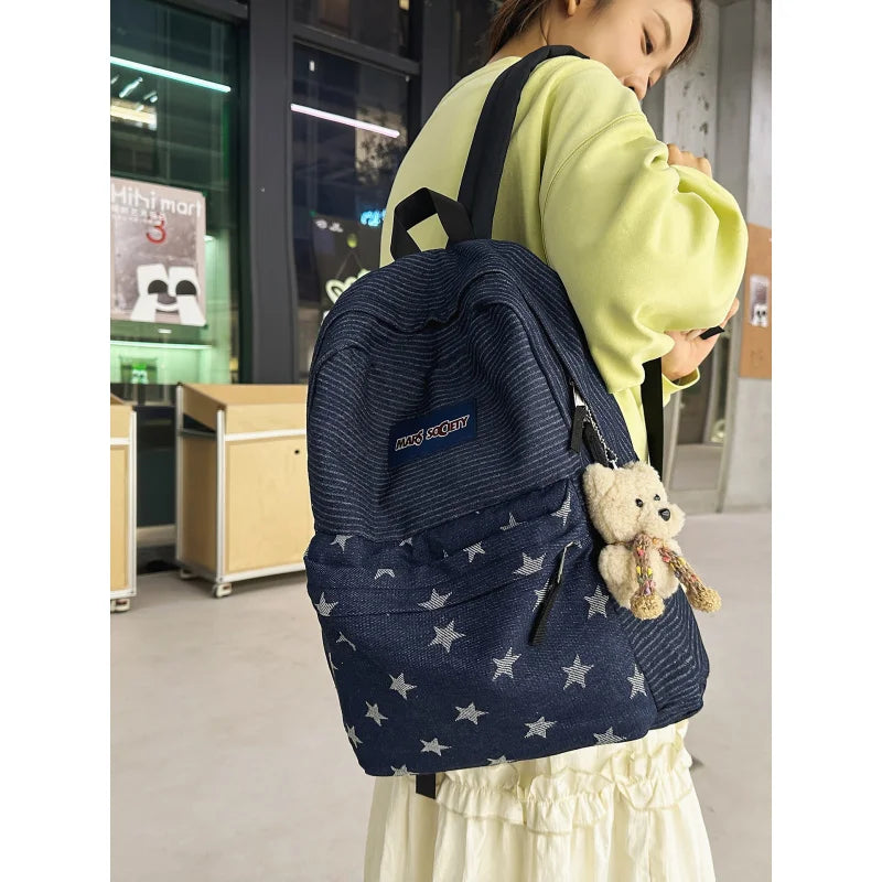 Korean Denim Backpack Color-Block Stripes & Stars – Women Denim Backpack Nixie