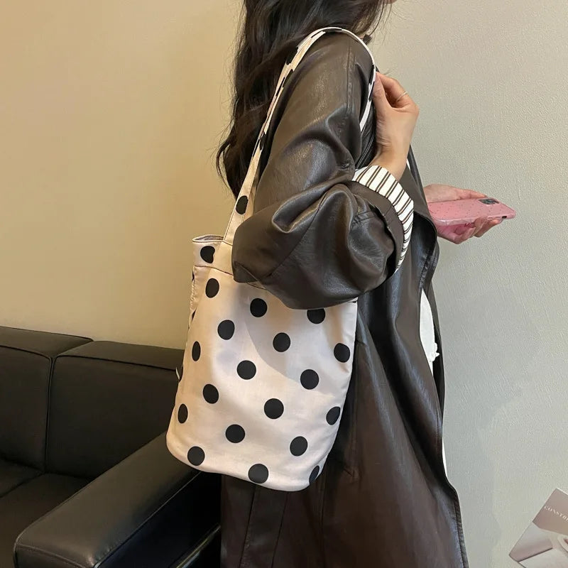 Korean Polka Dot Canvas Bucket Bag – Crossbody & Shoulder Canvas Bucket Bag Nixie