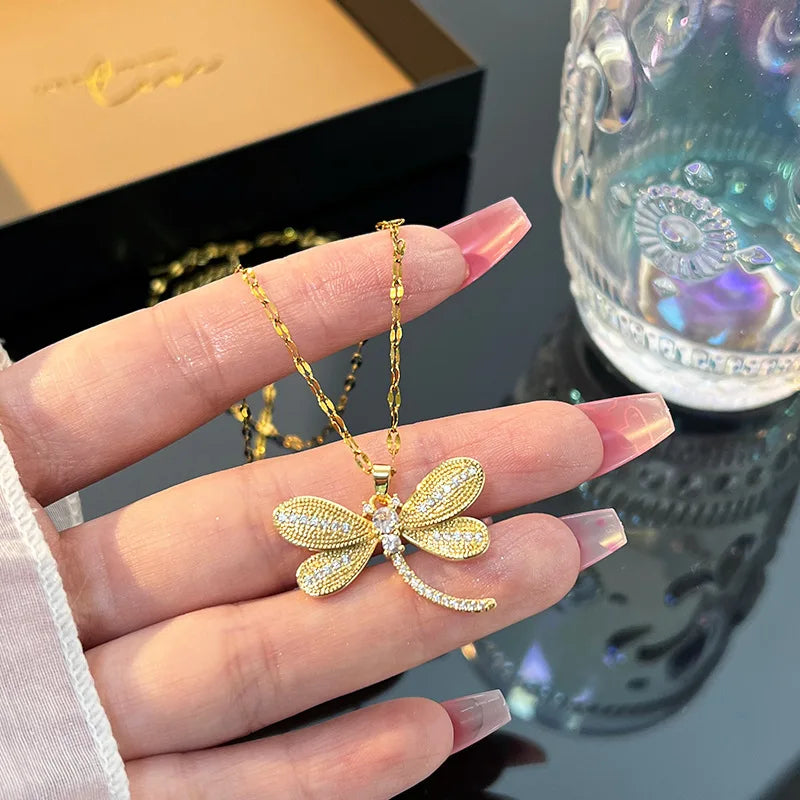 Zircon Dragonfly Pendant Necklace Gold Plated for Women Pendant Necklace Nixie