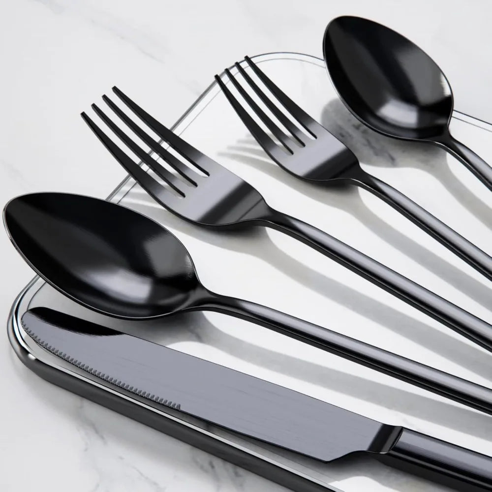 Black Stainless Steel Flatware Set – Mirror Cutlery Knife Fork Spoon