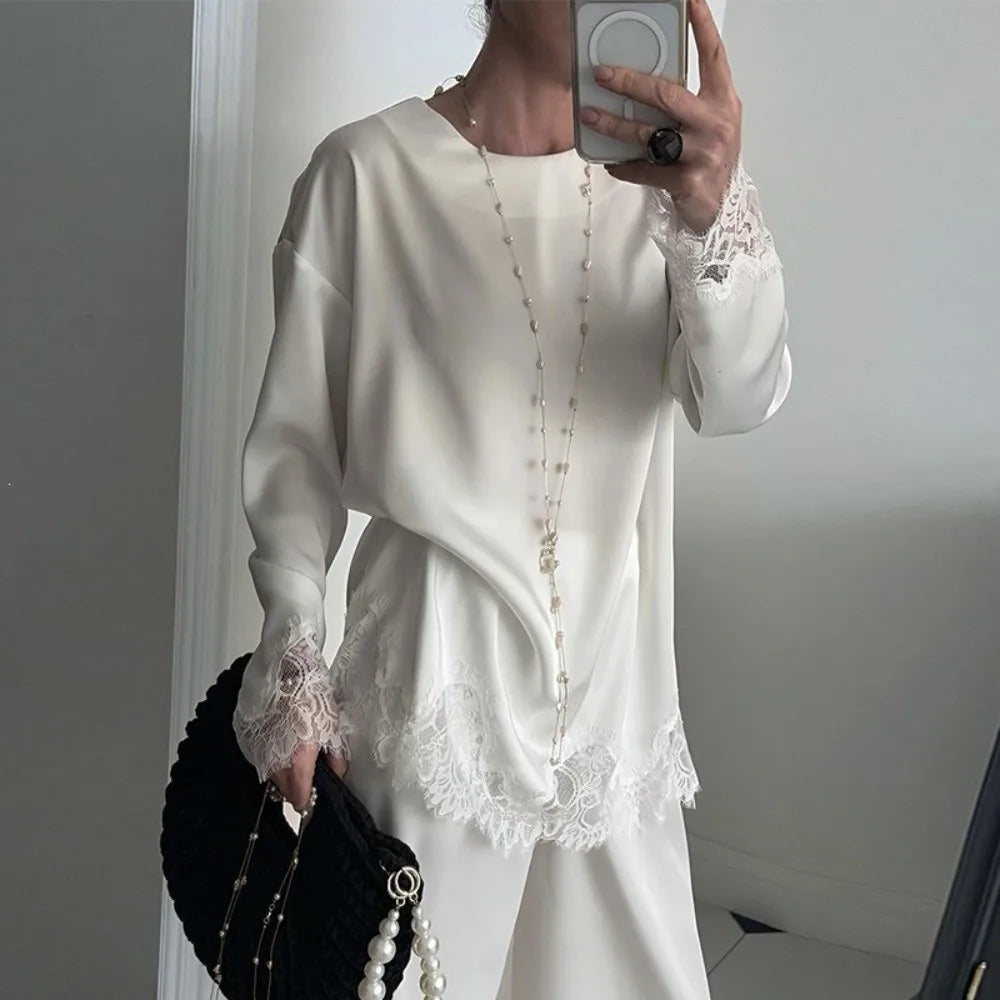 Women's Satin Lace Trim Long Sleeve Mini Dress – Loose Fit Satin Mini Dress Nixie