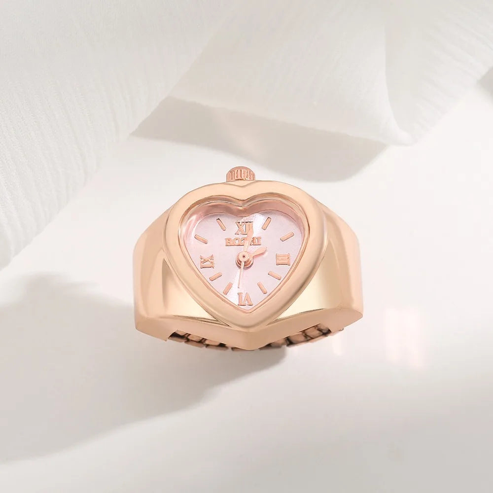 Retro Heart Shape Ring Watch – Stainless Steel Quartz Clock Ring Watch Nixie Rose Gold Pink