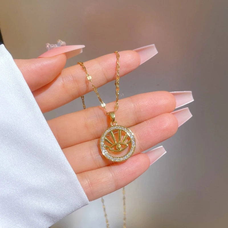 Evil Eye Circle Pendant Necklace – Gold Stainless Steel & Zircon Pendant Necklace Nixie