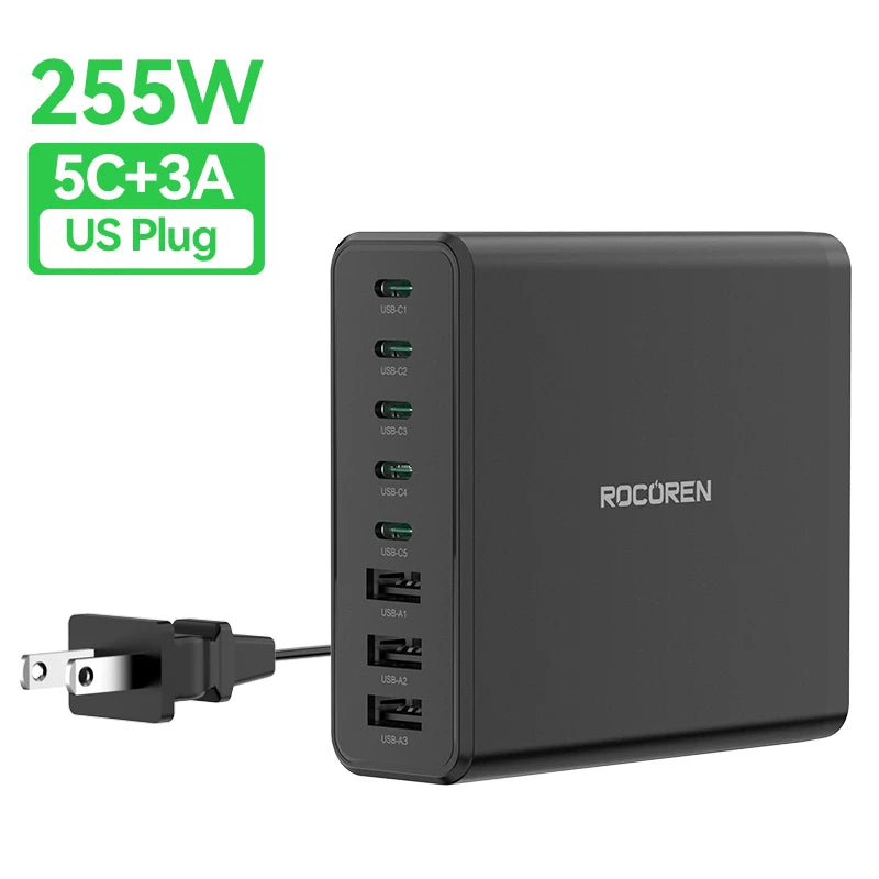 Rocoren 185W 8-in-1 Multi-Port Desktop Fast Charging Station Multi-Port Charging Station Nixie EU Plug Black