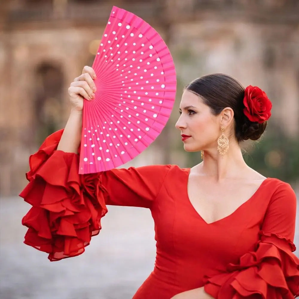 Wood Flamenco Folding Fan – Dots Pattern Dance & Party