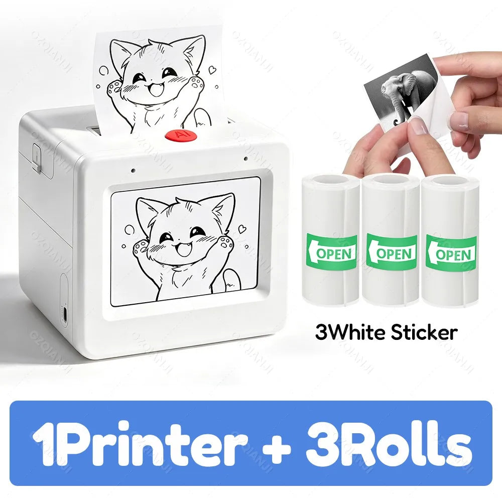 INSTOFC AI Voice Thermal Sticker Printer for Kids – Inkless Thermal Sticker Printer Nixie WH add 3Roll Sticker USB Type-C