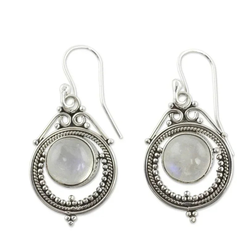 Moonstone Vintage Ball Dangle Earrings – Silver Drop Style Dangle Drop Earrings Nixie