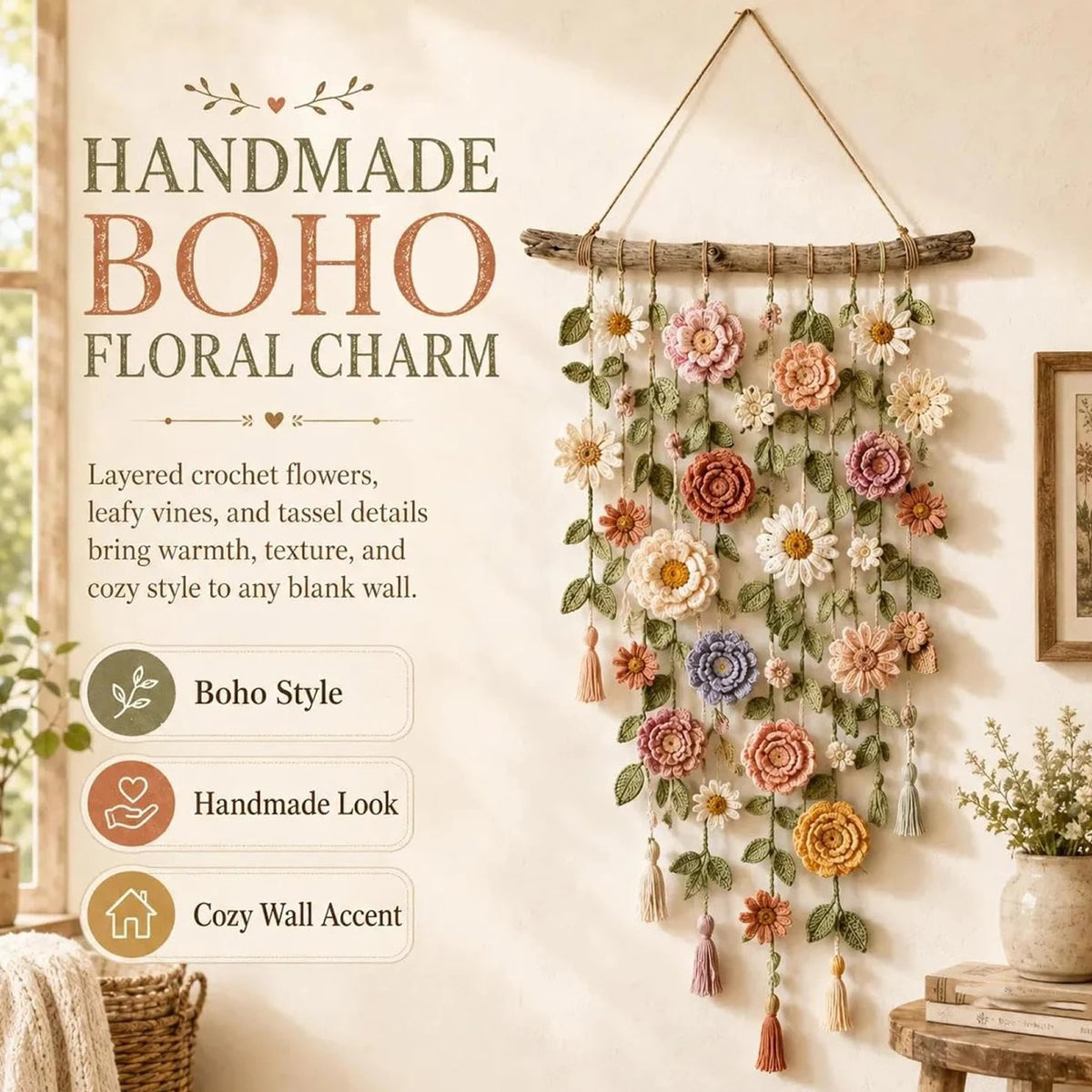 Boho Floral Crochet Macrame Wall Hanging – 32in Handmade Art Macrame Wall Hanging Nixie