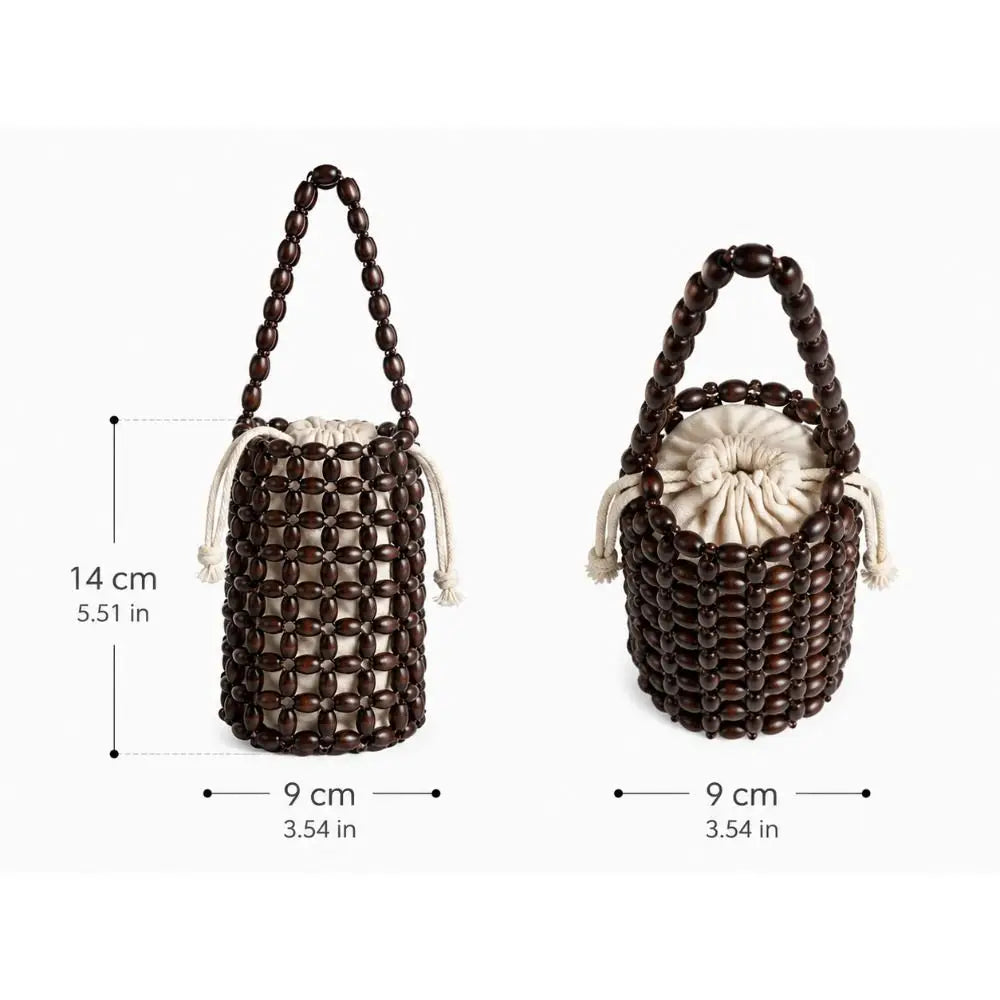 Handmade Wooden Bead Bucket Bag – Hollow Woven Mini Wrist Bag Woven Bucket Bag Nixie