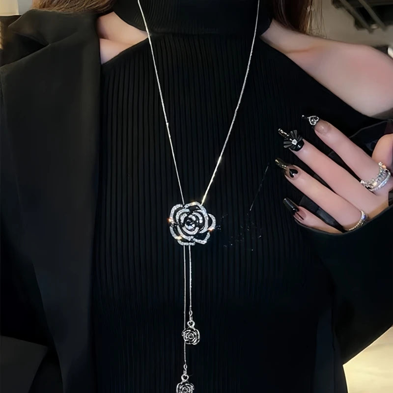 Black Rose Flower Long Pendant Necklace | Crystal Sweater Chain Pendant Necklace Nixie rose