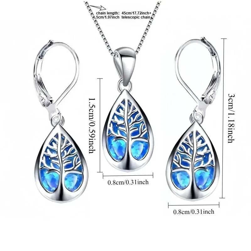 Life Tree Blue Opal Jewelry Set – Necklace & Earrings for Women Jewelry Set Nixie