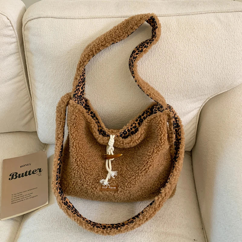 Nixie Plush Leopard Print Tote Bag – Large Crossbody Bucket Bag Plush Shoulder Tote Bag Nixie